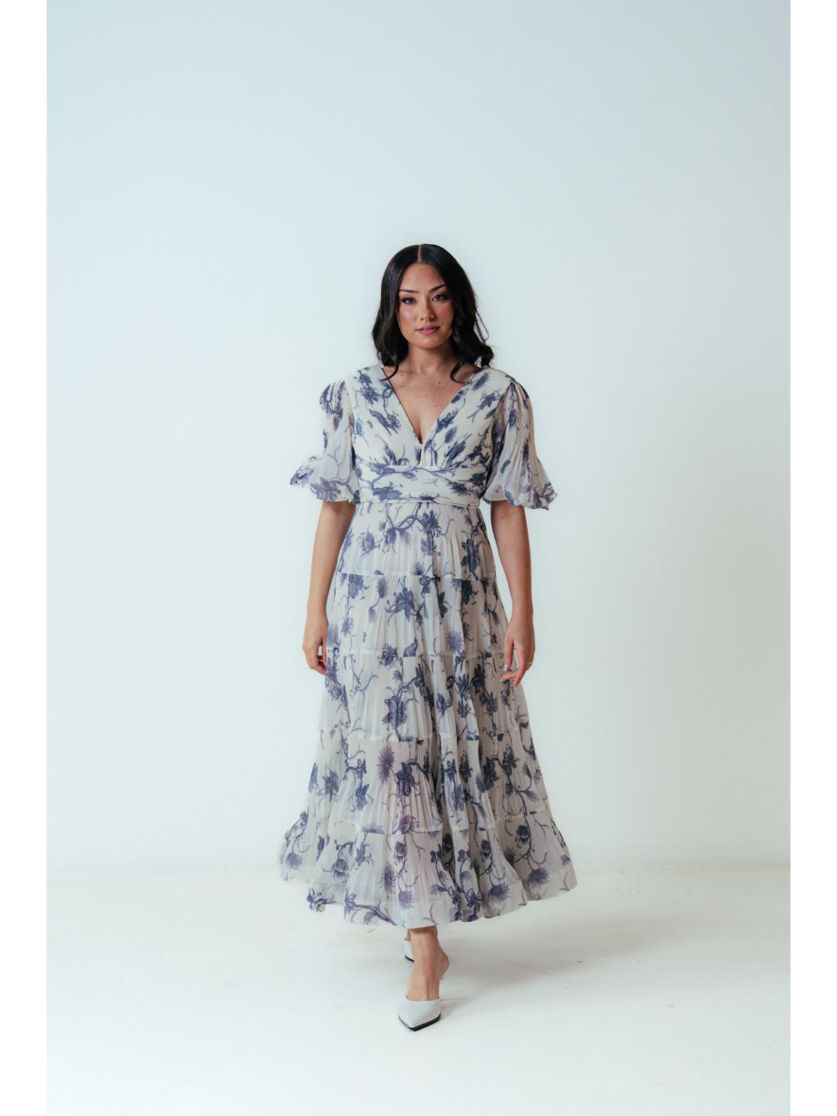 Zimmermann Pleated Midi Dress in White & Blue Floral