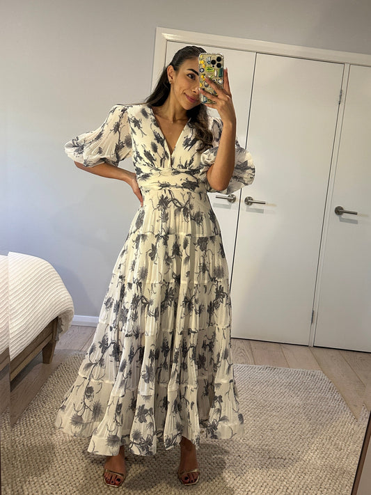 Zimmermann Pleated Midi Dress in White & Blue Floral