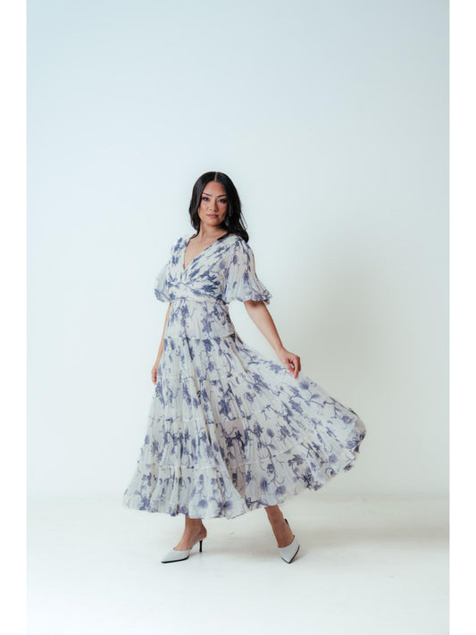 Zimmermann Pleated Midi Dress in White & Blue Floral